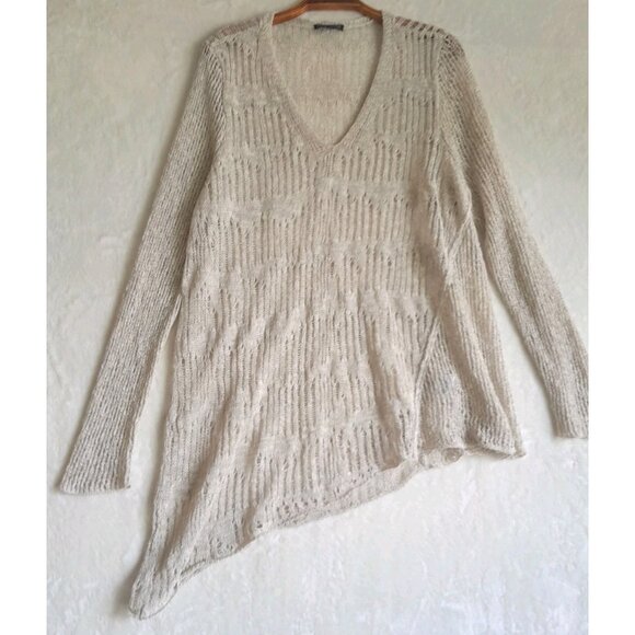 Eileen Fisher XL Open Knit Linen Blend Melange Crochet V-Neck Pebble Assymmetric - Picture 1 of 9